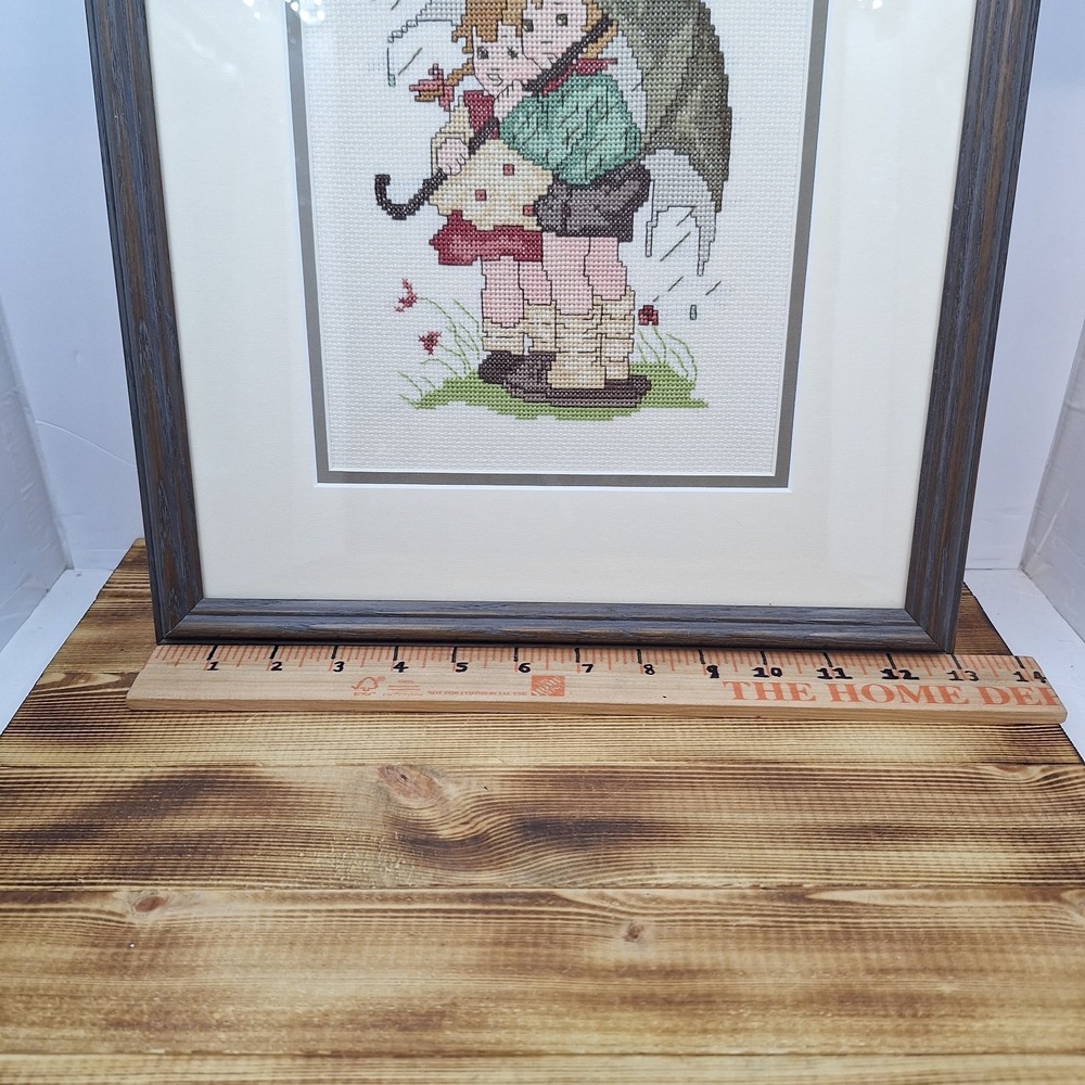 Vtg Finished Needlepoint GIRL BOY UMBRELLA Folk Art Sampler Embroidery Framed - Picture 6 of 9